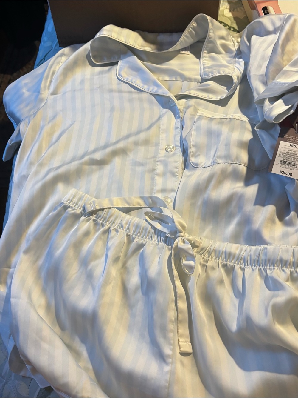 Target Satin Striped Pajama Set in Ivory and Light Blue